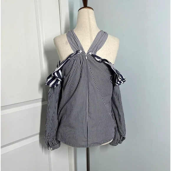 J. Crew Ruffles Off Shoulder Tie Neck blue stripes Top size 2 - Picture 6 of 8